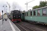 Pnktlich um 14Uhr luft am 31.08.2012 99 1777 mit P3007 aus Moritzburg im Bahnhof Radebeul-Ost ein.