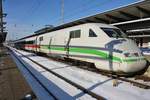 401 055-9  Rosenheim  fährt am 14.02.2021 als ICE737 von Stralsund Hauptbahnhof nach Köln Hauptbahnhof aus dem Rostocker Hauptbahnhof aus. 