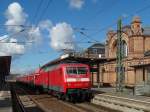 120 203 mit dem Hanse-Express (RE1 Hamburg - Rostock) in Schwerin Hbf; 04.04.2015   