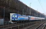 Bahnhof Bad Schandau, 13.02.2018. Vectron 193 296 mit dem EC 171 wartet auf Abfahrt nach Prag.