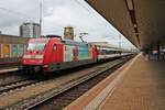 Ausfahrt am 13.06.2017 von 101 099-0  Herzlichst Zypern - schauinsland reisen  mit dem EC 9 (Hamburg Altona - Zürich HB) aus dem Badischen Bahnhof von Basel in Richutn gBasel SBb, um dort Ihren