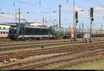 Kesselzug mit 185 569-1 MRCE, vermietet an SBB Cargo International, durchfährt den Bahnhof Basel Bad Bf (CH) in nördlicher Richtung.