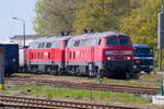Lok 218 451 und 218 450 auf dem Bahnhof in Bergen auf Rügen. - 25.04.2018