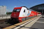 Hier 101 080-0 mit EC178 von Praha hl.n. nach Berlin Hbf., bei der Ausfahrt am 17.8.2013 aus Berlin Hbf., in Richtung Berlin Zoologischer Garten.