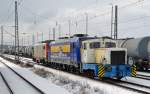 Die V 22 der RBB zog am 21.02.13 146 520 und E 37 531 von der Parkposition am Bahnhof Bitterfeld ins Gelnde der RBB.