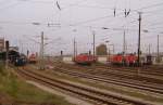 Hier mal ein kleines Panoramabild vom Geschehen des Cottbuser Hbf'es.  V.l.n.r.: SU46-032 mit EC341  Wawel  nach Krakow Glowny, daneben 1116 233 mit einem Gterzug, 112 116-9 wartet kalt auf neue Aufgaben, 143 950-4 mit dem RE10 nach Leipzig Hbf, 2 Rangierlokomotiven der Baureihe 362 und der einzelne plonische Waggon, der immer mit der RB zwischen Cottbus und Zagan pendelt. 22.10.2009