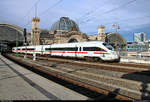 411 053-2 (Tz 1153  Ilmenau ) als ICE 1555 (Linie 50) von Frankfurt(Main)Hbf verlässt seinen Endbahnhof Dresden Hbf auf Gleis 3, um zur Abstellanlage in Dresden-Reick zu fahren.
[8.12.2018 | 11:44 Uhr]