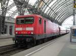 114 013 steht mit dem RE18 nach Cottbus abfahrtbereit in Dresden Hbf am 15.05.2011