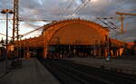 In der Abendsonne , die Halle des Bahnhofes Dresden Neustadt, der Fotograf wartet auf den EC nach Prag.