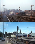 Die Bodensegürtelbahn einst & jetzt: Zweimal die Westausfahrt von Friedrichshafen, auf dem oberen Bild vom Januar 1975 sind vor dem Bahnbetriebswerk eine noch als Heizlok benötigte Dampflok der Baureihe 050-053, eine 211/212 und ganz hinten eine 218 zu erkennen, im August 2010 sind die Formsignale durch Lichtsignale ersetzt und die Bodensee-Oberschwaben-Bahn nutzt das Betriebsgelände.