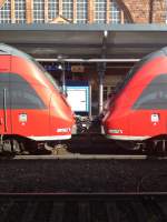 Hier die Kupplung zweier Talent Triebwagen des Mittelhessen-Express kurz vor der Trennung in Gieen am 17.6.13.