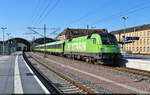 Ausnahmsweise mal pünktlich, und das sogar nach einem Streik, war der Flixtrain mit 182 521-5 (Siemens ES64U2-021) in Halle(Saale)Hbf auf Gleis 7.