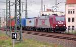 185 534 der OHE zog am 02.07.11 einen Containerzug aus dem Rbf Halle(S) Richtung Grokorbetha.