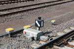 Weichenlaterne am 21.04.18 in Hanau Hbf vom Bahnsteig aus fotografiert. Leider wird 2020 die alte Signaltechnik durch ein ESTW ersetzt 