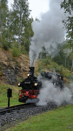 Die Dampflokomotive 99 542 war Ende September 2020 am Bahnhof Jöhstadt zu sehen.