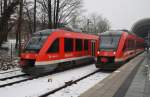 Hier links 648 331-6  Ascheberg  als RE74 (RE21214) von Kiel Hbf. nach Husum und rechts 648 346-4  Preetz  als RB73 (RB21962) von Kiel Hbf. nach Eckernförde, diese beiden Triebzüge begegneten sich am 23.1.2016 in Kiel Hbf. 