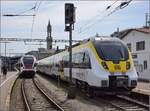 Hamsterbackenalarm am Bodensee. Testzug mit 3442-204, man beachte die Schreibweise, und dahinter 3442-205 warten im Bahnhof Konstanz auf ihre Rückfahrt. Ob der Talent 2 in 12 Jahren immer noch so gepflegt aussehen wird, wie sein Flirt Kollege? Und hoffentlich wird die Landesregierung beim Seehas nicht so übergriffig und bestimmt die Farben in Schwarz-Gelb, die zugegebenermaßen sehr fotogen sind aber eher weniger zum  badisch-schweizerischen  Seehas passen. Juli 2017. 