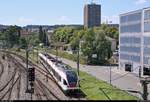 RABe 521 207 (Stadler FLIRT) der SBB GmbH (SBB) als SBB87684  Seehas  nach Engen wird in seinem Startbahnhof Konstanz auf Gleis 2a bereitgestellt.
Aufgenommen von der Fußgängerbrücke von der Hafenstraße zum LAGO Konstanz.
[9.7.2018 | 12:25 Uhr]