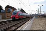 442 209 (Bombardier Talent 2) von DB Regio Südost als RE 18391 (RE10) von Leipzig Hbf nach Cottbus durchfährt den Bahnhof Leipzig-Thekla auf der Bahnstrecke Leipzig–Eilenburg (KBS 215). Aufgenommen im Gegenlicht. [24.3.2018 | 15:16 Uhr]