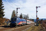 1116 195 als Nightjetlok zieht den IC118 vorbei an den vielen Formsignalen in Lindau. 3.3.18