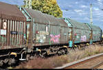 Blick auf einen von mehreren Schweizer Flachwagen mit Teleskophauben für Coiltransporte der Gattung  Shimmns  (31 85 477 7465-9 CH-SBBC), der in einem Coilzug mit 185 338-1 den Bahnhof