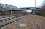 Ehemaliger S-Bahnhof Olympiastadion (Oberwiesenfeld) am 3. Mrz 2012. Bahnsteigende, Ausfahrt in Richtung Norden.