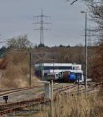 Fernschu vom Bahnsteig der Krebsbachtalbahn auf das Alstom Gleisvorfeld.