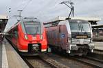 442 730-8 trifft am 28.12.2017 als S1 von Forchheim(Oberfr) nach Hartmannshof im Nürnberger Hauptbahnhof auf 193 802-6 mit dem RE4808 nach Sonneberg(Thür) Hauptbahnhof.