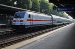 Im morgendlichen Gegenlicht durchfährt 146 556-6 zusammen mit dem IC2432  Ostfriesland  von Berlin Ostbahnhof nach Norddeich Mole den Bahnhof Potsdam Charlottenhof. (19.6.2016)