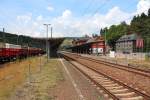 Blick über den ehem. Grenzbahnhof Probstzella, am linken Bildrand steht ein Güterzug der noch auf eine Überholung wartet. 11.07.2014