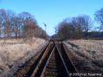 Bahnhof Heiligengrabe: Blickrichtung Wittstock vom ersten Signal vor dem Bahnhof gesehen.