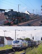 Auch bei diesem Vergleich mit zwei aus Richtung Norden in Rheine einfahrenden Güterzügen - oben trifft die 042 241-0 am 31.08.1974 ein, darunter die DB- Einziganders  193 366 am 29.07.2021 -