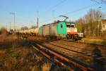 Schattenspiel, zumindestens vom Fotografen der ist zusehen, als die COBRA 2842 mit einem langen Kesselwagenzug durch den Rheydter Hbf gen Aachen West fährt, wo sie dann nach Montzen abbiegen wird. Hier in Rheydt wird sie gleich auf dem Gegengleis nach Wickrath fahren, da wegen Bauarbeiten an der Brücke über die Hubertusstraße auf dem Richtungsgleis nach Aachen kein Verkehr in dem Zeitraum stattfindet. Rheydt den 16.2.2016