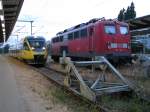 OLA Talent 0005 und 115 166 1 am 17.07.2010 im Bahnhof von Rostock