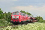 218 319-2 zieht mit 218 390-3 ihren AUtozug durch Keitum nach Westerland.