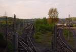 Blick von der Straenbrcke auf den Werksbahnhof des Braunkohlenkarfterks Frimmersdorf am 17.4.2011