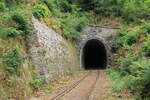 Blick auf das Nord-Ostportal des 89m langen Schweinbachtunnel, auch Schwalmischtunnel genannt, bei Kilometer 33,0. Streckenabschnitt Liebschütz-Ziegenrück der stillgelegten KBS556 / Foto vom 9.7.2022
