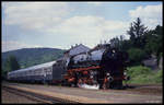 Scheinanfahrt der 011066 mit dem BDEF Sonderzug im Bahnhof Ebernburg am 26.5.1990.