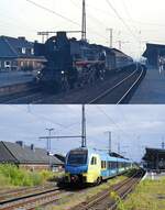 Der Bahnhof Rheine einst und jetzt: Auf dem oberen Bild, das im Frühjahr 1975 entstand, die 012 075-8 vor einem abendlichen Schnellzug in Richtung Emden, darunter der ET 412 der Westfalenbahn am 29.07.2021. Obwohl zwischen den Aufnahmen mehr als 46 Jahre liegen, hat sich gar nicht so viel geändert, sieht man einmal davon ab, dass die Bahnsteige renoviert und stellenweise  begrünt  wurden. Die 012 075-8 gehört heute der Stoom Stichting Nederland und wurde 1991 auf Kohlefeuerung zurückgebaut.