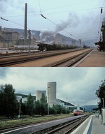 Die Donautalbahn einst & jetzt: Auch im Bahnhof Schelklingen präsentieren sich die Gleisanlagen trotz der fast 35 Jahren, die zwischen der oberen Aufnahme vom Dezember 1975 mit der rangierenden 052 722-8 und dem unteren Bild vom August 2010 mit einem ausfahrenden 611 liegen, kaum verändert. Doch die Vegetation hat zwischenzeitlich zugelegt und auch das immer noch die Szenerie beherrschende Zementwerk wurde modernisiert.