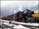 65 1049 legt mit ihrem Gterzug eine Pause im Bahnhof Lauscha ein, am 25.Februar 1994