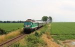 25 Jahre Wismut hieß es am 25.06.16. Deshalb fuhr 86 1333-3 und V300 005 den Pendelzug zwischen Schmirchau nach Kayna und zurück.
Hier der Zug bei Beerwalde.