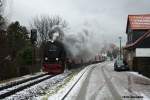 99 7232 mit einem Brockenzug am 21.01.2012 in Wernigerode.