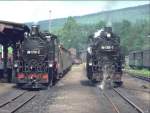 Fichtelbergbahn im Mai 1981.DR Dampflok 99 1778-2 und 99 1785-7 in Cranzzahl (Archiv P.Walter