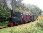 Dampfzug in Hollige West vor der Abfahrt nach Altenboitzen 2017. Die Lok war vom Frankfurter Feldbahnmuseum ausgeliehen.