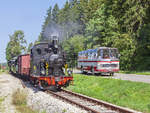Damplok  WN 12 mit Historischer Zug der Härtsfeld-Museumsbahn an der Haltestelle Steinmühle zwischen Bahnhöfe Neresheim und Sägmühle am 11. August 2019.