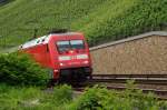 Zwischen Reben und Büschen sieht man die 101 075-0 über die Kbs 470 huschen....kurz hinter Boppard ist sie hier am 15.6.2014 gen Koblenz fahrend abgelichtet.