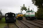 Eine Köf II BR 311, eine BR Klv 53 (Schwerer Rottenkraftwagen) und V 100 003 des Förderverein Berlin-Anhaltische Eisenbahn e.V. stehen im ehemaligen Bw Lutherstadt Wittenberg anlässlich der jährlichen Bahnaktionstage. [24.9.2017 | 13:45 Uhr]