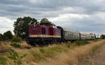 202 466 brachte 25.08.18 ihren Sonderzug aus Ferropolis zurück nach Wörlitz. Kurz vor dem Ziel passiert der Zug Griesen.