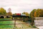 BR 202 743-1 im Oktober 1998 auf dem Zschopauviadukt in Braunsdorf mit nur einen Wagen in Fahrtrichtung Rowein.